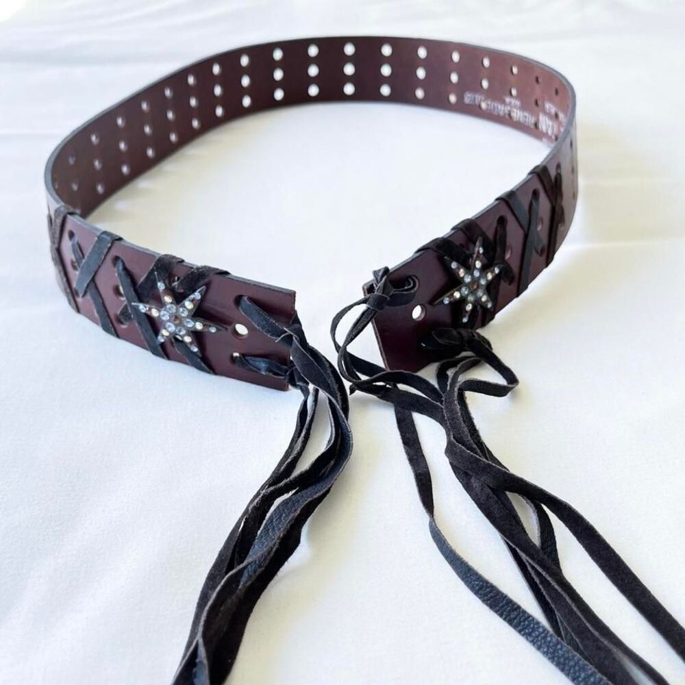 Brown Leather Star Accent Lace-Up Waist Belt
